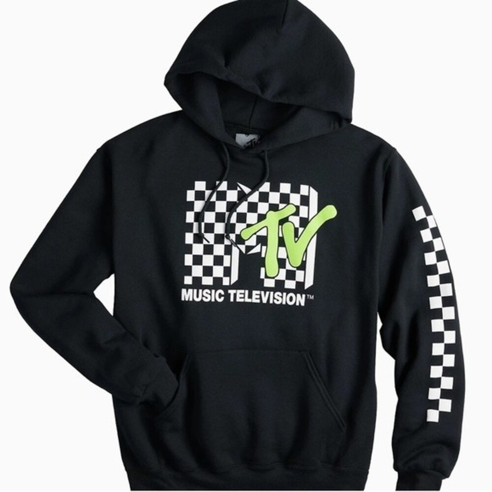 MTV Music Television Checkered Logo Pullover Hoodie Black Size L
